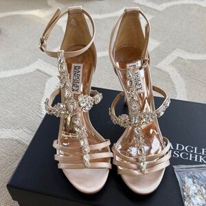 Badgley Mischka Women's Thelma Champagne Embellished Heels with rhinestone.